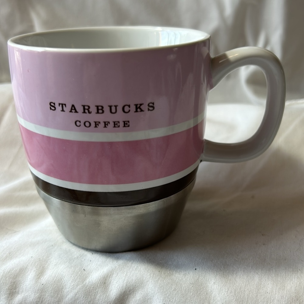 Starbucks Pink Stripe with Stainless Steel Bottom 10oz 2007 Coffee Mug